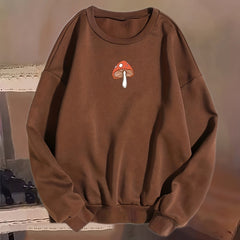 Mushroom Print Pullover Sweatshirt Crew Neck for Fall & Winter Women