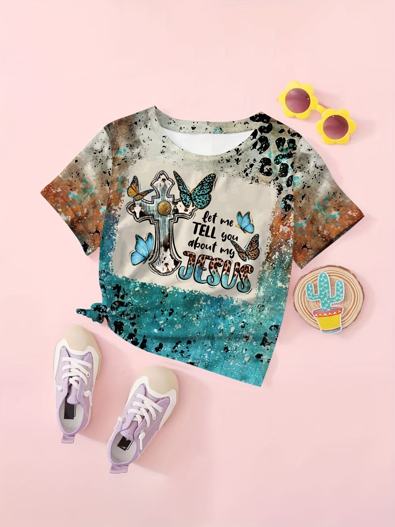 Cross & Letter Print Short Sleeve T shirt Girls Comfy Pullover
