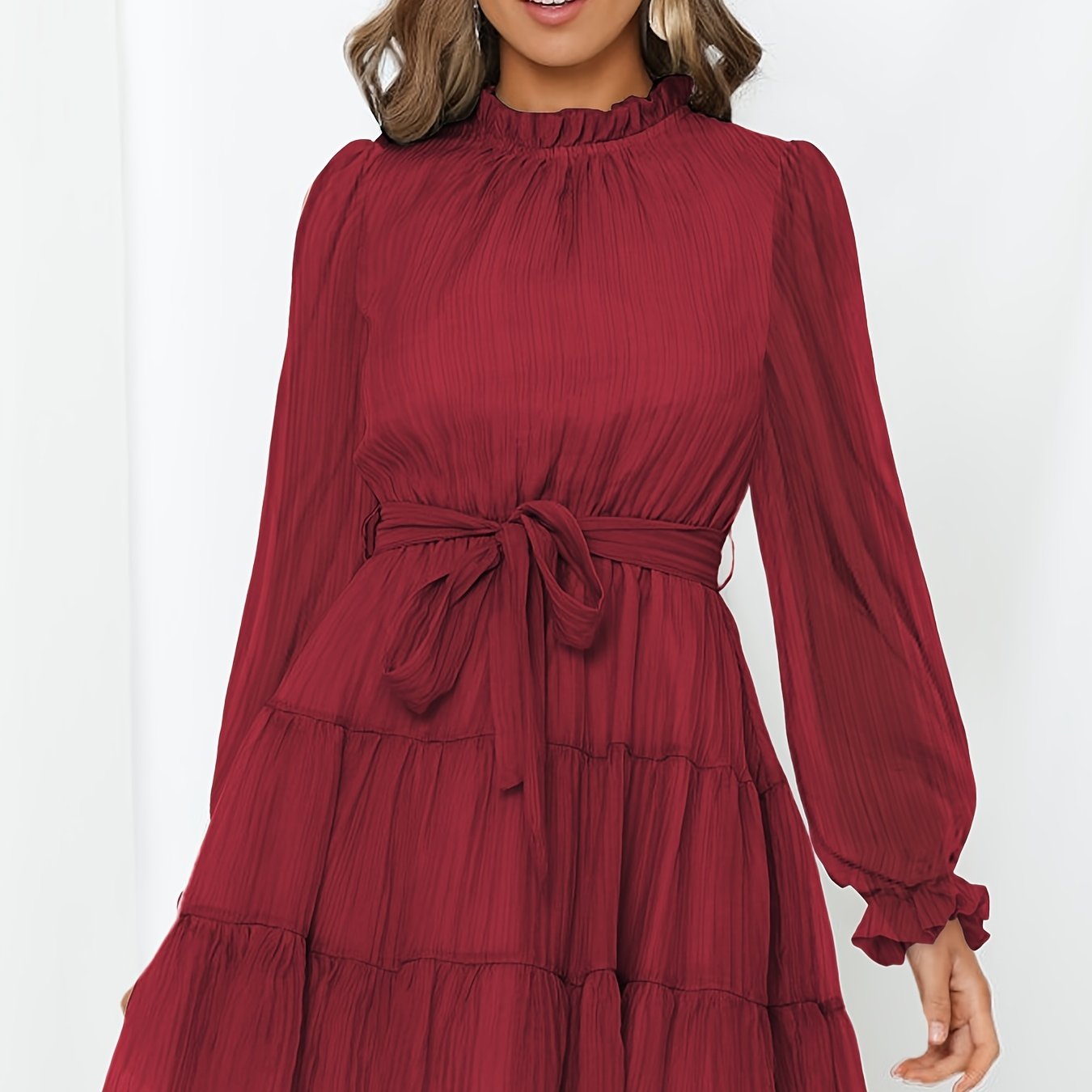 Ruffle Neck Belted Dress Long Sleeve Solid