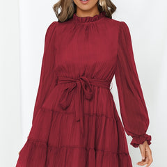 Ruffle Neck Belted Dress Long Sleeve Solid