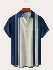 Stripe Print Short Sleeve Hawaiian Shirt Men's Vacation Resort Top