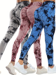 3pcs Tie Dye High Waist Butt Lifting Yoga Leggings Women's Activewear