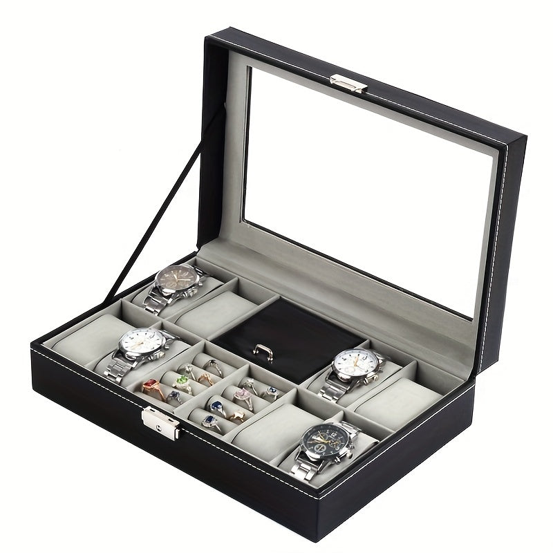 Men's 8 Digit Watch Box Ring Velvet Cover Glass Transparent Display