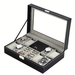 Men's 8 Digit Watch Box Ring Velvet Cover Glass Transparent Display