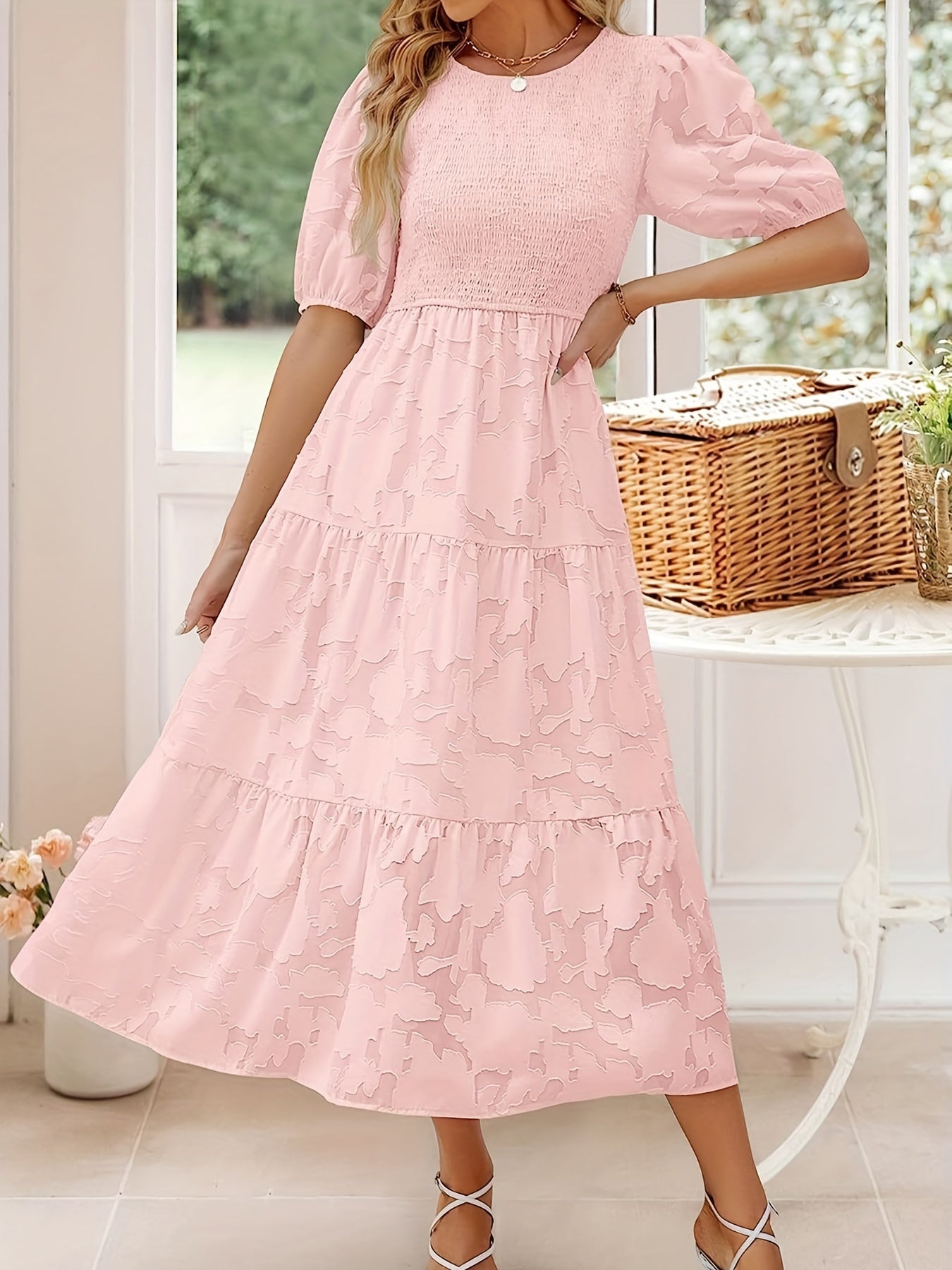 Jacquard Crew Neck Maxi Dress Ruched Short Sleeve