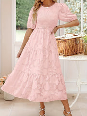 Jacquard Crew Neck Maxi Dress Ruched Short Sleeve