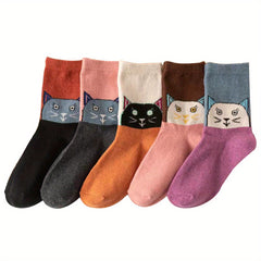5 Pairs Cat Pattern Crew Socks Women's Stockings