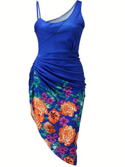 Vintage Floral Print Ruched Dress Cocktail Evening Dress
