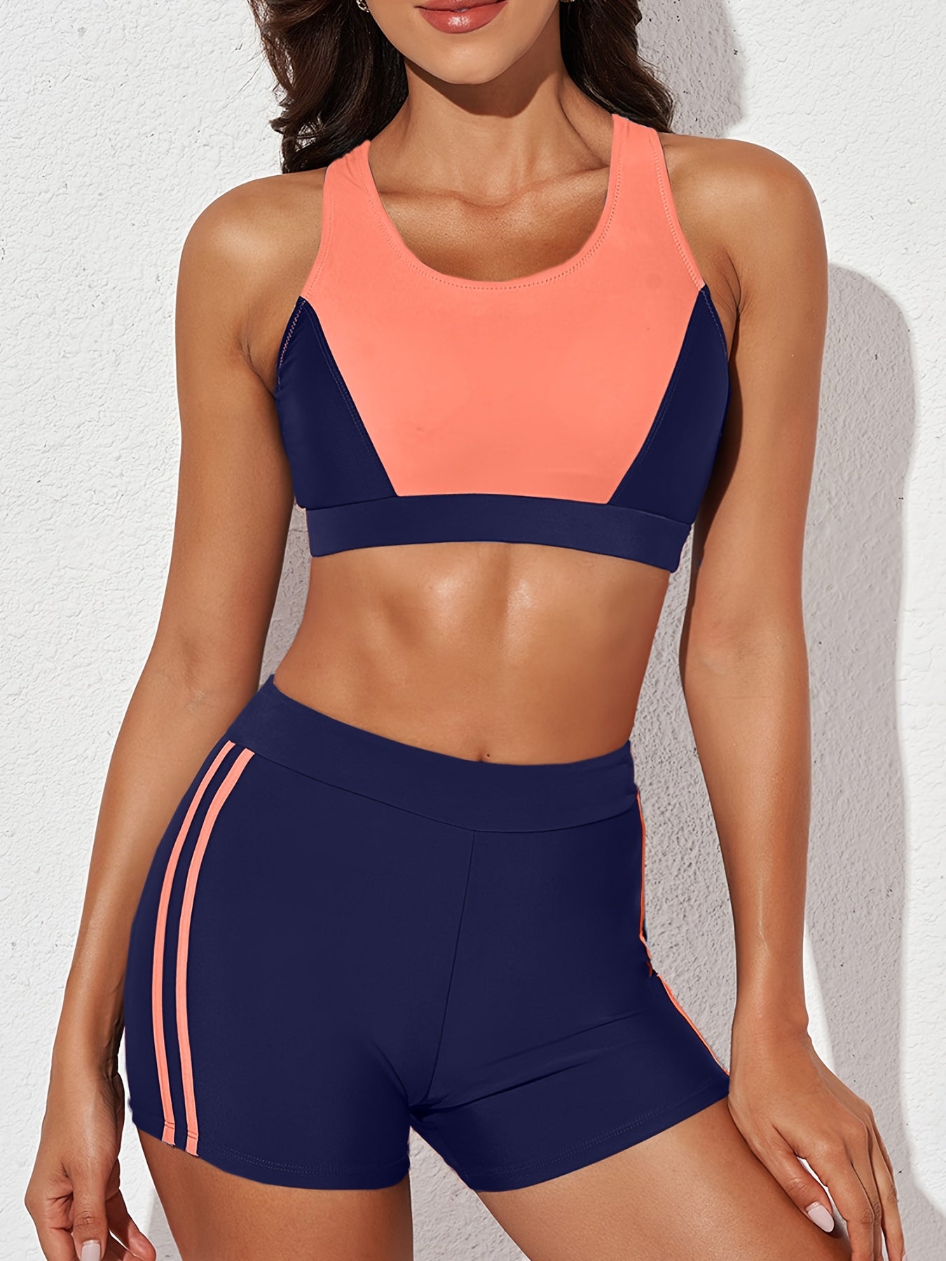 Colorblock Tankini Sets High Stretch Boxer Short Bottom Swimsuit