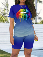 Lips Print 2pcs Set Short Sleeve T Shirt & Biker Shorts
