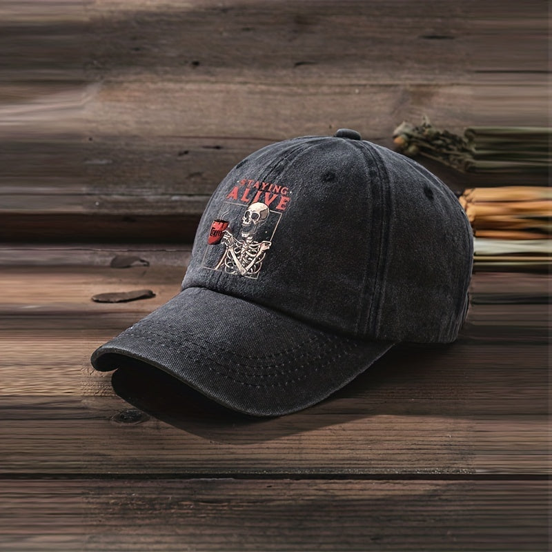 Staying Alive Skull Baseball Cap Washed Distressed Print Sports Hat