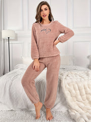 Letter Pattern Fuzzy Pajama Set Long Sleeve Crew Neck Top & Elastic Waistband