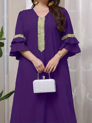 Abaya Dress Women's Plus Contrast Lace Panel Layered Sleeve V Neck Jal