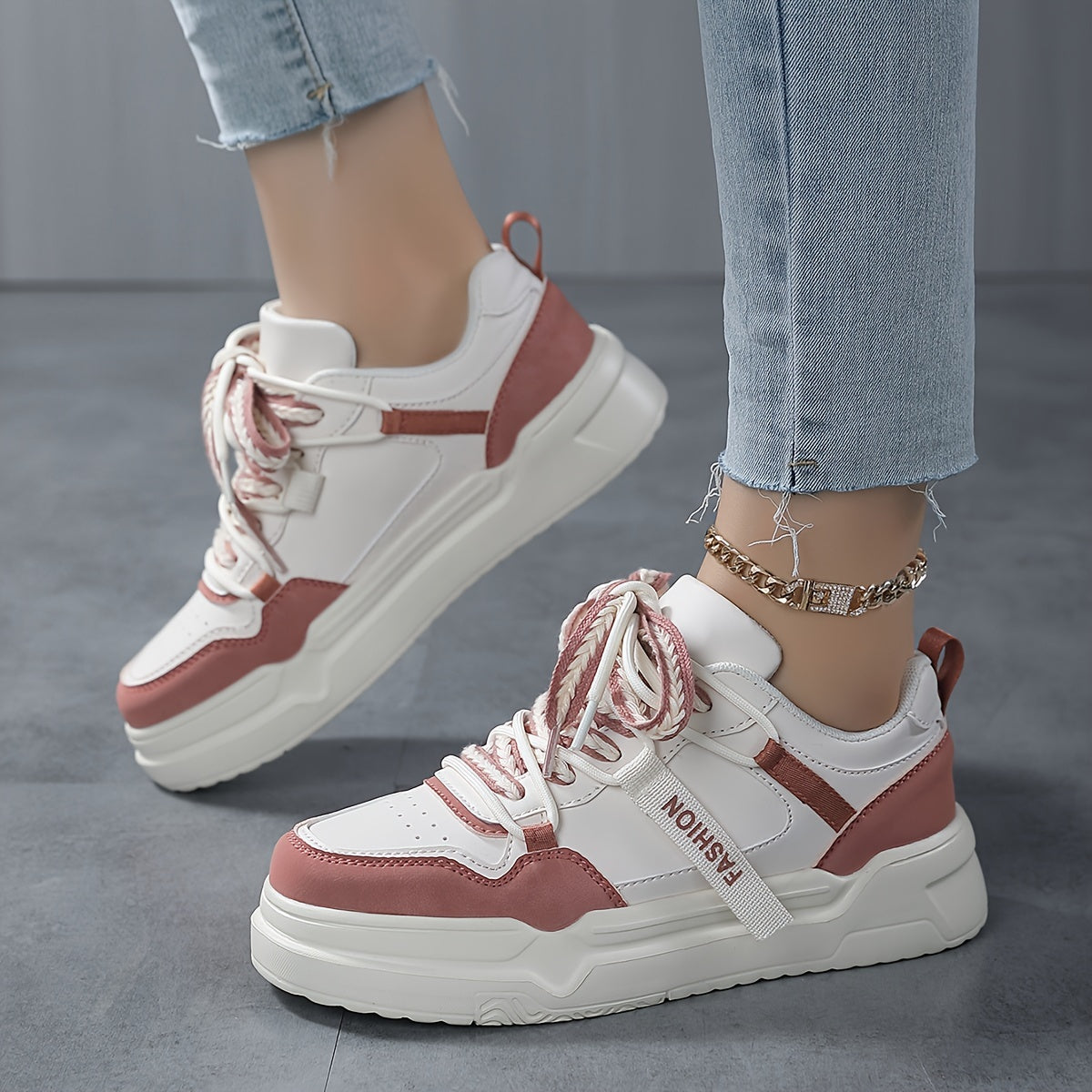 Women's Block Faux Leather Chunky Sneakers for Outdoor Sports