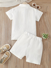 Boy's Summer Outfit Set Short Sleeve Shirt & Shorts Solid Clothes