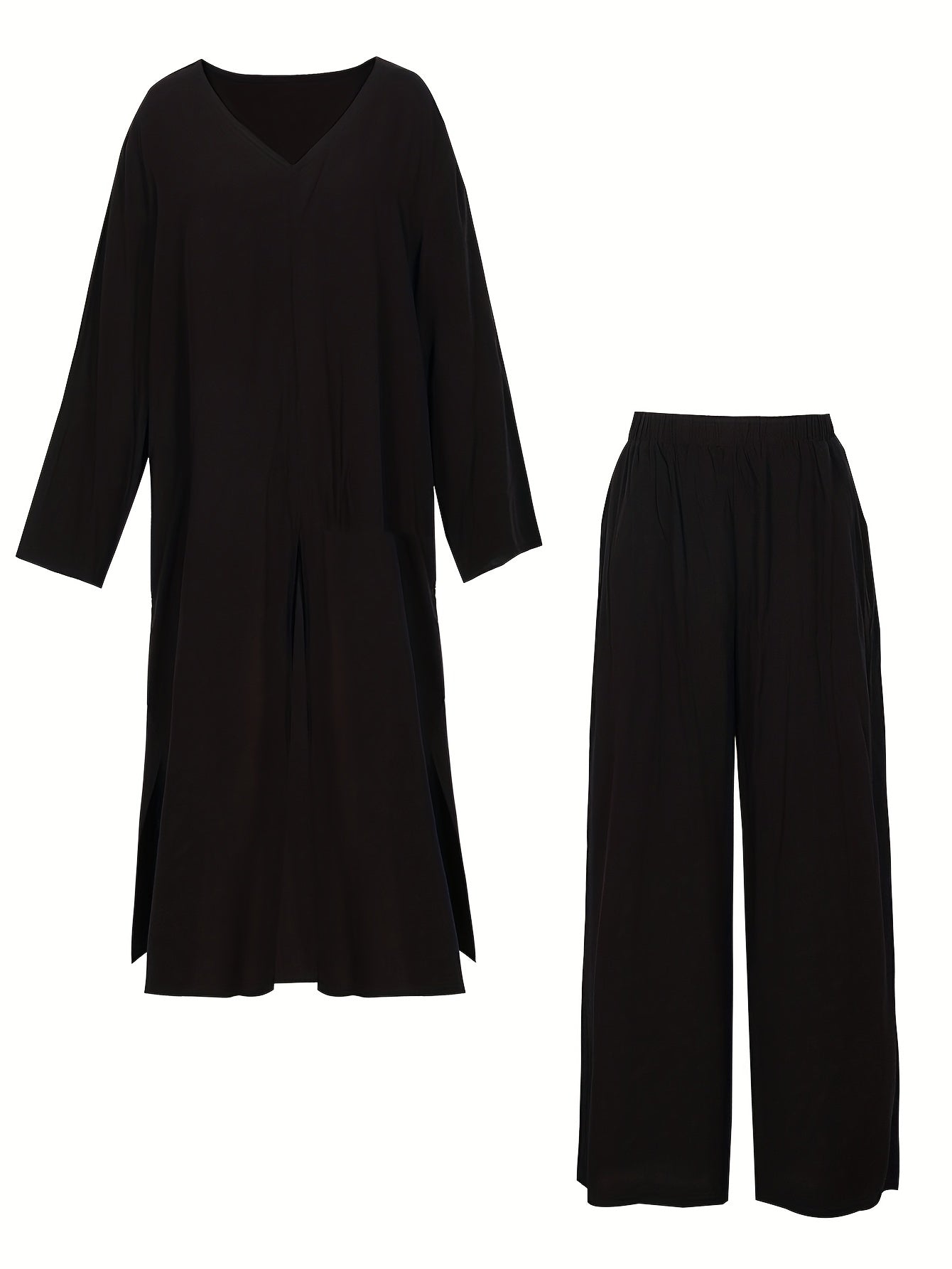 Plus Size Solid V Neck Tee & Wide Leg Pants Two Piece Set
