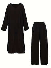 Plus Size Solid V Neck Tee & Wide Leg Pants Two Piece Set
