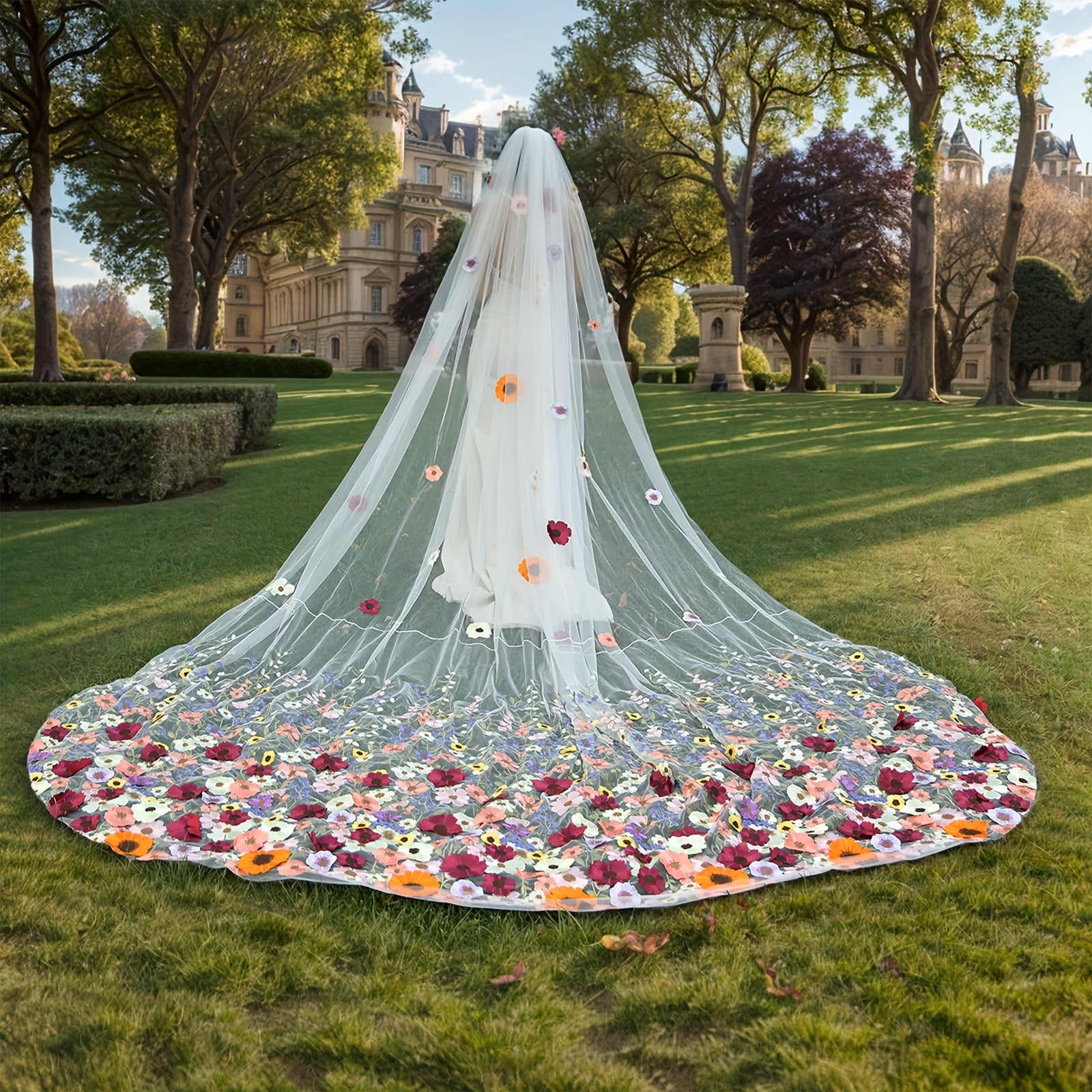 Bridal Veil with 3D Floral Embellishments Long Train Romantic Wedding Accessory