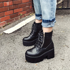 Women's Side Zip Platform Boots Lace Up Round Toe Shoes