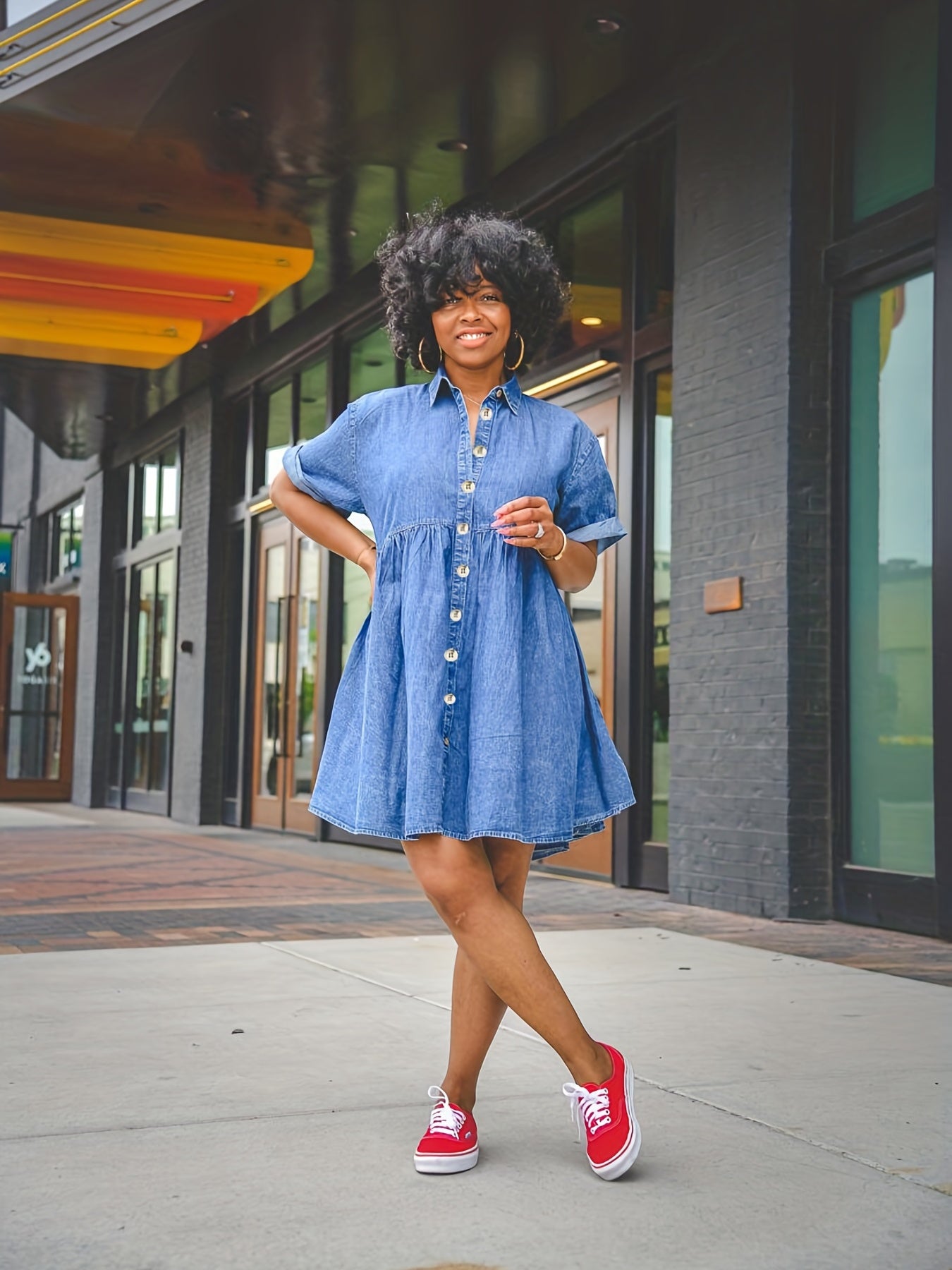Dark Short Sleeves Denim Dress Tiered Babydoll Single Breasted Button Lapel