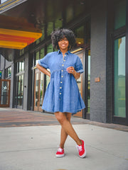 Dark Short Sleeves Denim Dress Tiered Babydoll Single Breasted Button Lapel