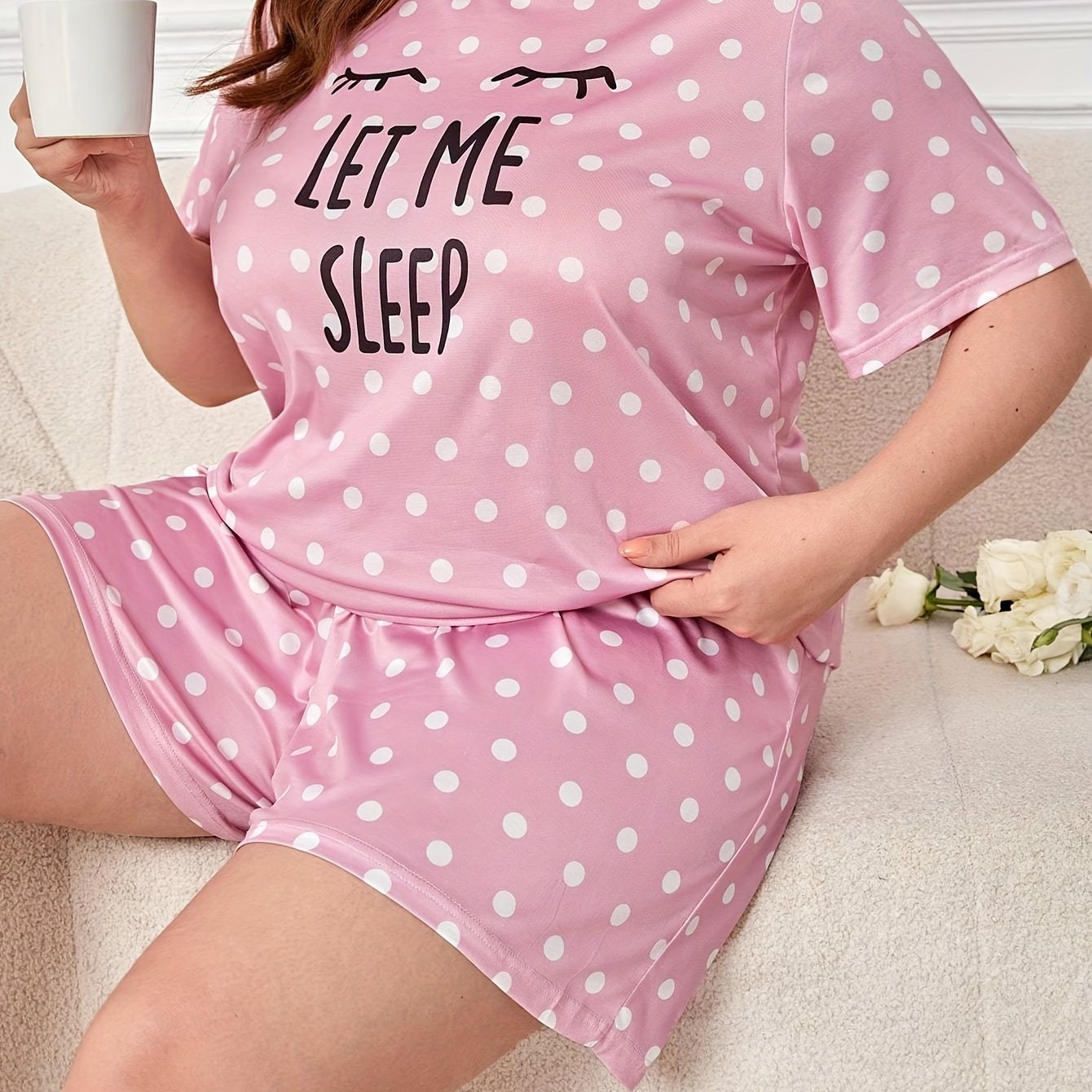 Polka Dot & Slogan Pajama Set Short Sleeve Tee & Shorts Loungewear