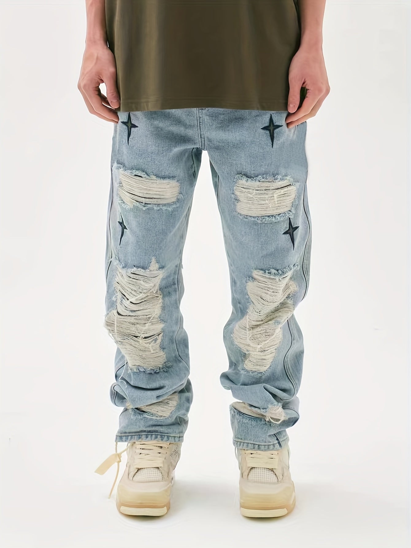 Star Pattern Ripped Jeans Men s Casual Street Style Denim Pants