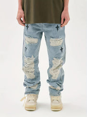 Star Pattern Ripped Jeans Men s Casual Street Style Denim Pants