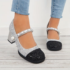 Women's Cap Toe Mary Jane Chunky Heels Dress Pumps