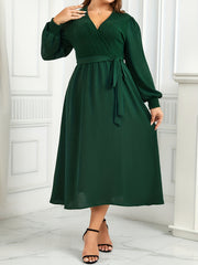 Solid Lantern Sleeve Maxi Dress With Belt