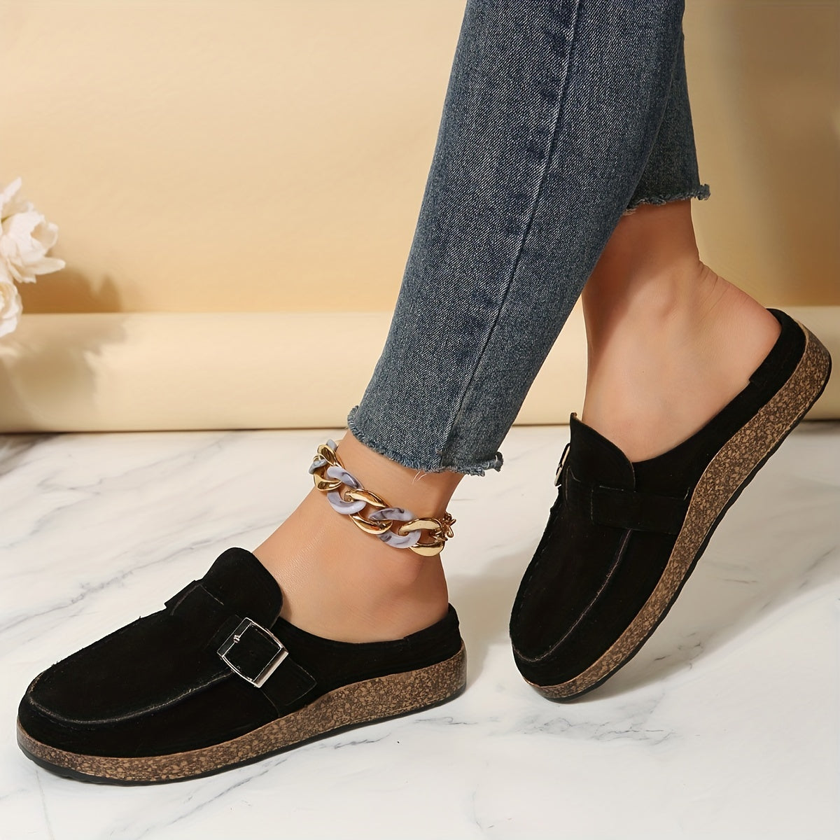 Women's Flat Cork Mules with Buckle Decor