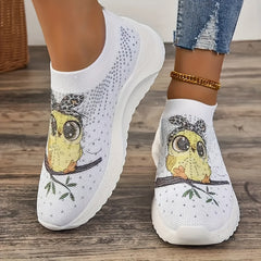 Women's Owl Cartoon Print Rhinestone Tennis Shoes Lightweight Non slip