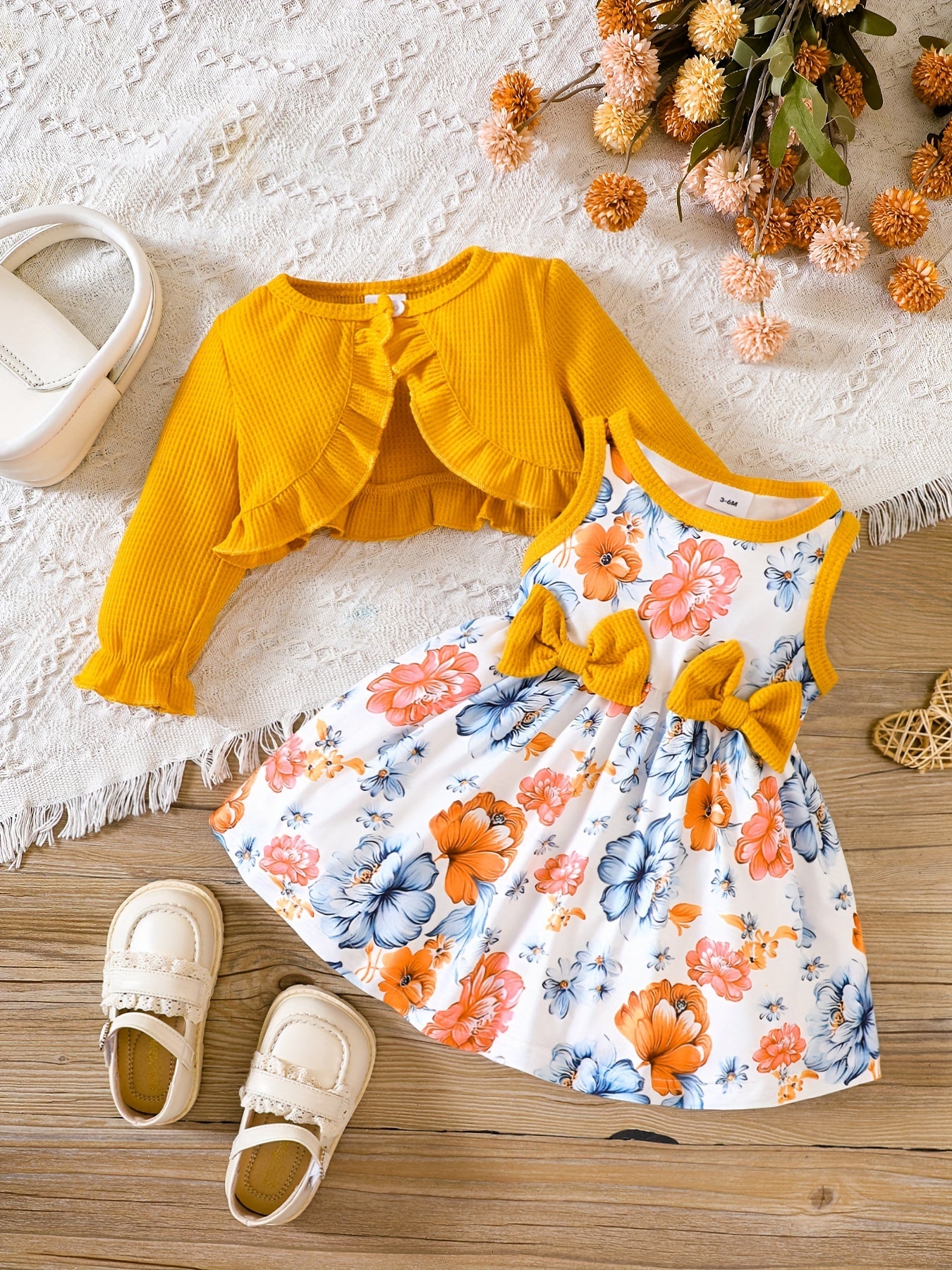 Toddler Girls Floral Print Dress & Ribbed Cardigan Set
