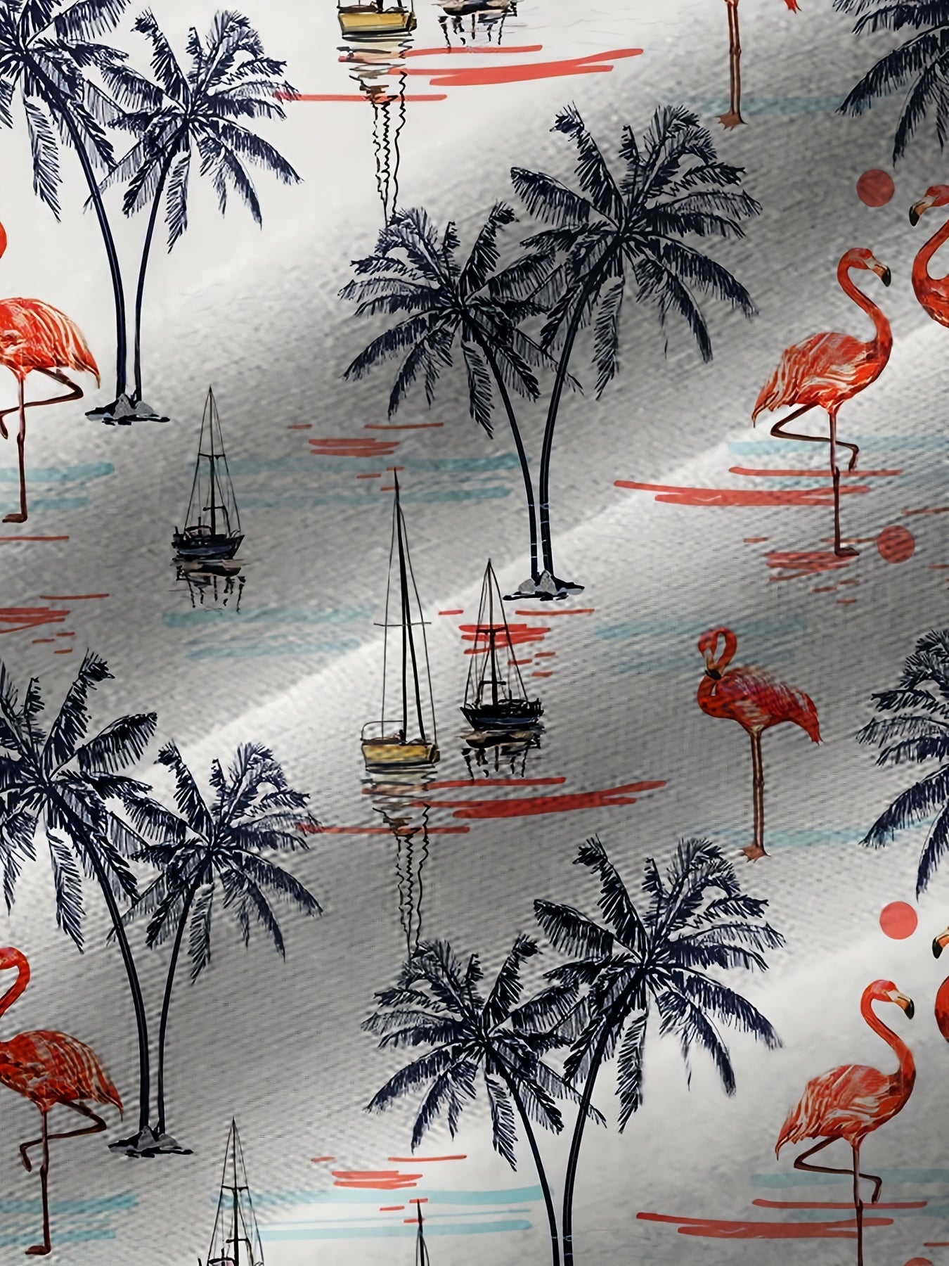 Hawaiian Coconut Tree & Flamingo Print Men's Casual Short Sleeve Shirt