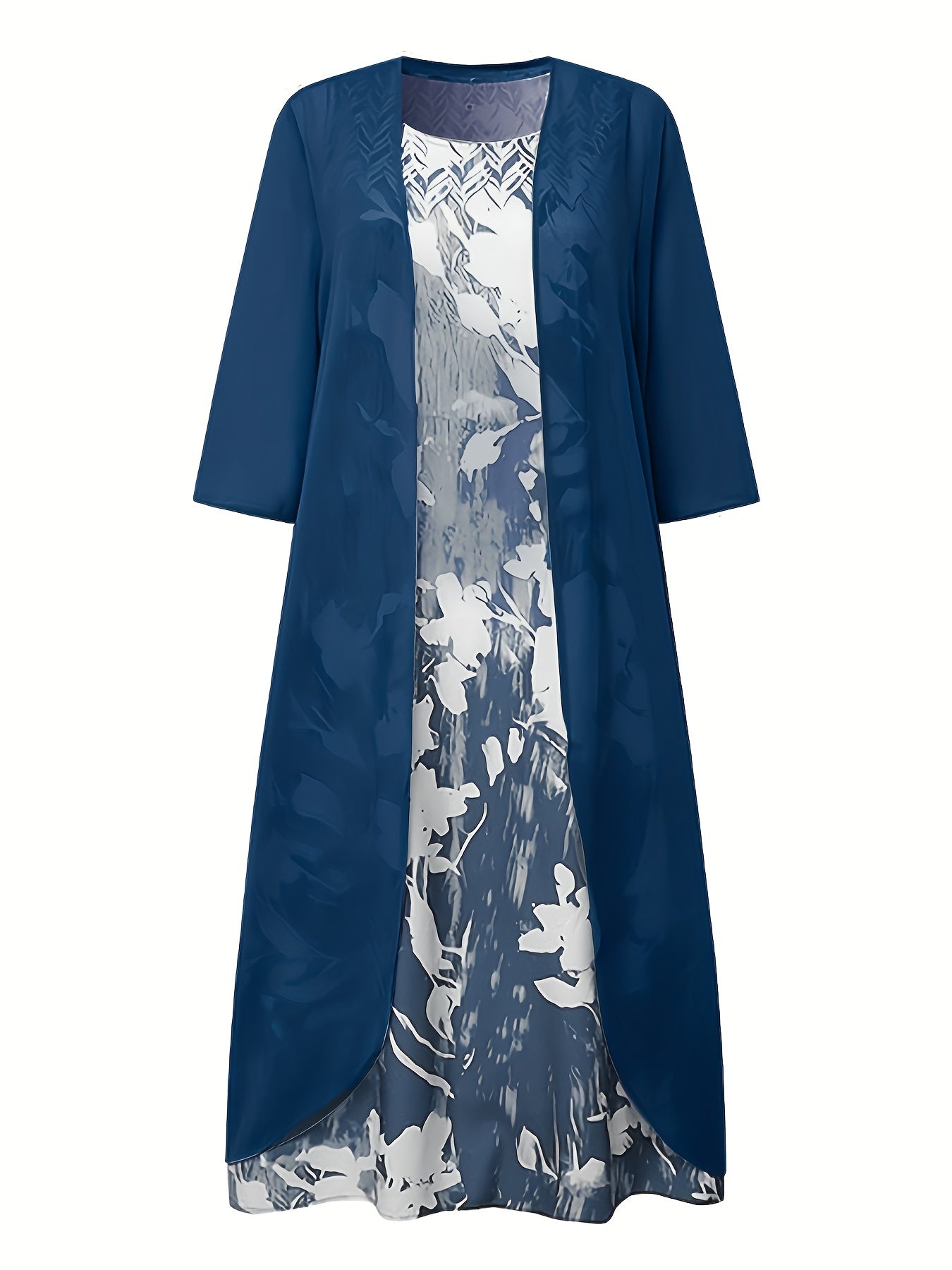 Women's Plus Solid Cardigan & Floral Print Dress 2PC Set