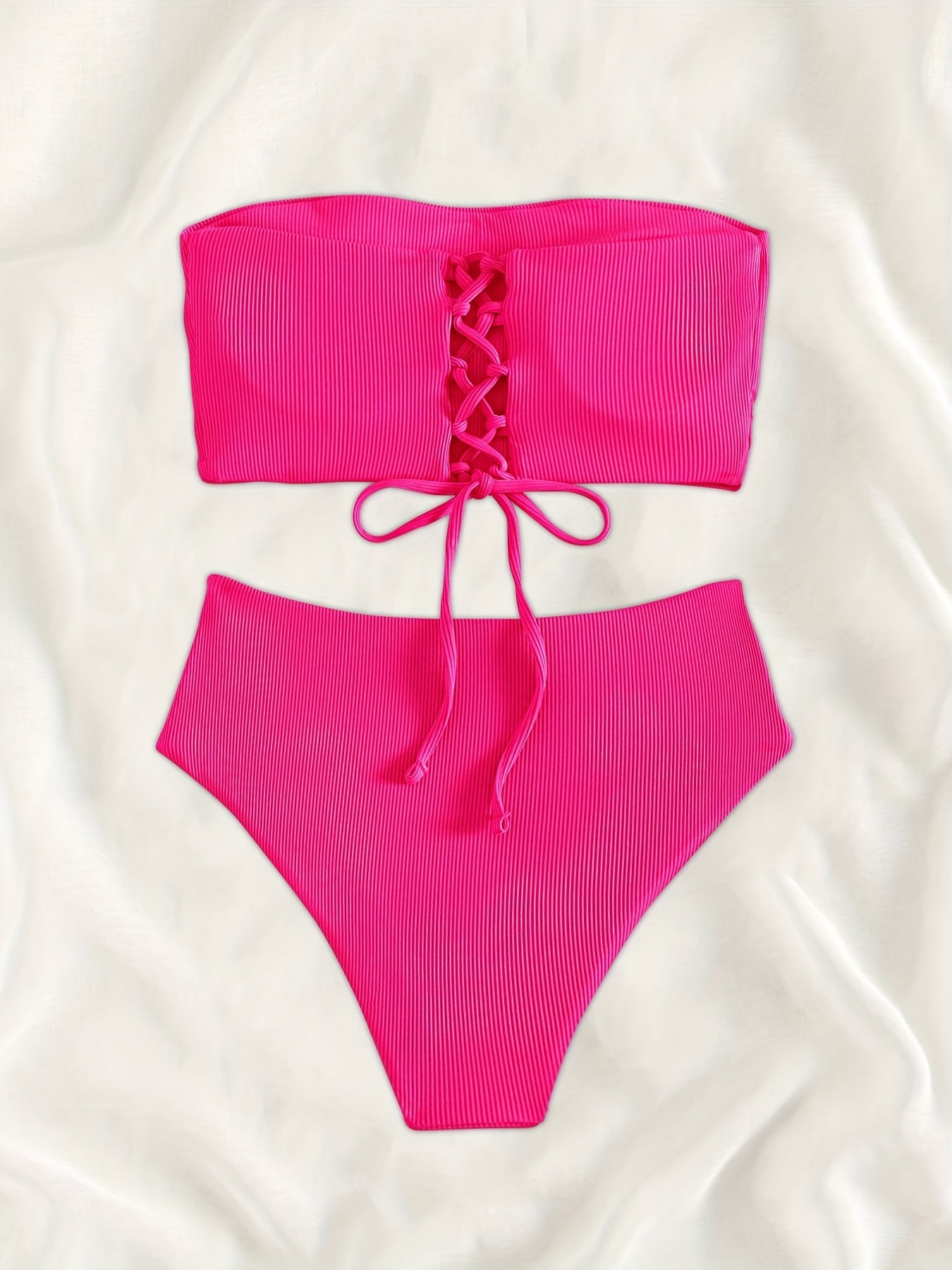 Rib Knit Bikini Set Bandeau Tube Top Tie Back High Cut Swimsuit