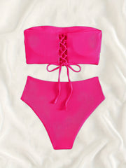 Rib Knit Bikini Set Bandeau Tube Top Tie Back High Cut Swimsuit