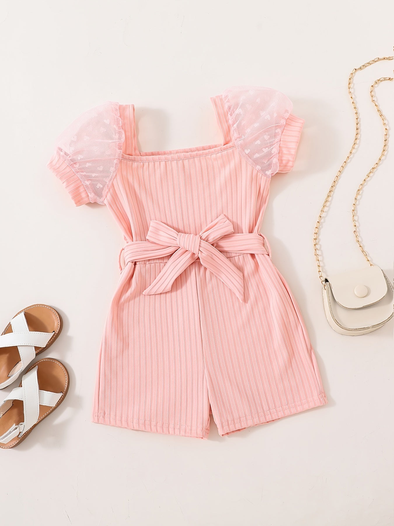 Girls Mesh Heart Puff Sleeve Romper Square Neck Jumpsuit