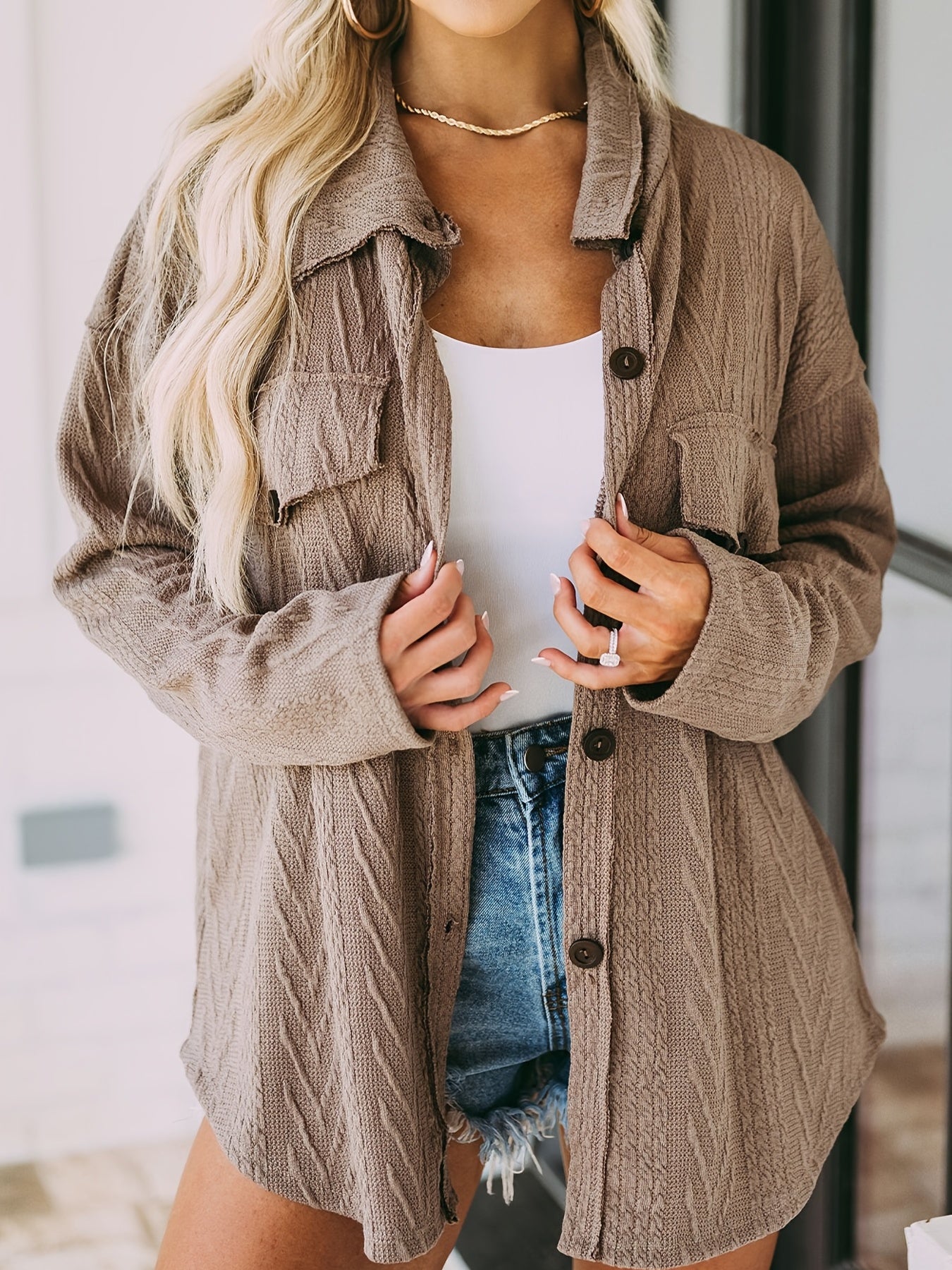 Women's Solid Button Down Knit Top Casual Textured Jacket
