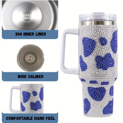 Cow Print Water Bottle 40oz Portable Glass Car Bottle Handle Straw Lid