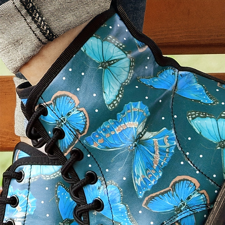 Women's Butterfly Print Ankle Boots Round Toe Lace Up Flat Combat Boots