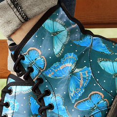 Women's Butterfly Print Ankle Boots Round Toe Lace Up Flat Combat Boots