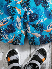 Boys Leaf Print Casual Shorts for Vacation Beach Kids Summer Clothes