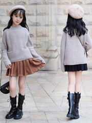 Girls 95 Cotton Ribbed Pullover With Pocket Knitwear