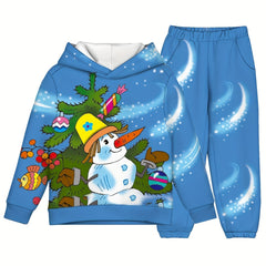 Boys Christmas Snowman Print Hooded Sweatshirt & Sweatpants Set