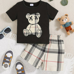 2pcs Baby Bear Graphic Print T-shirt & Plaid Shorts Set Clothes