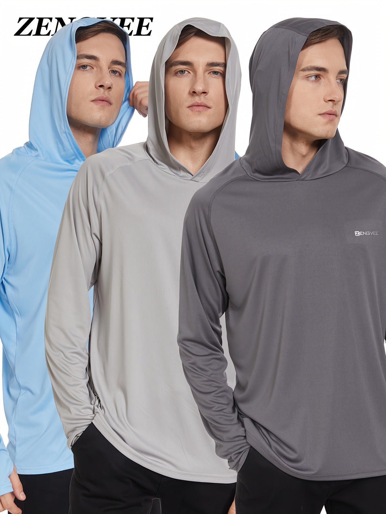 3 Pcs Men's UPF 50 Sun Protection Hoodie Long Sleeve Quick Dry Tops