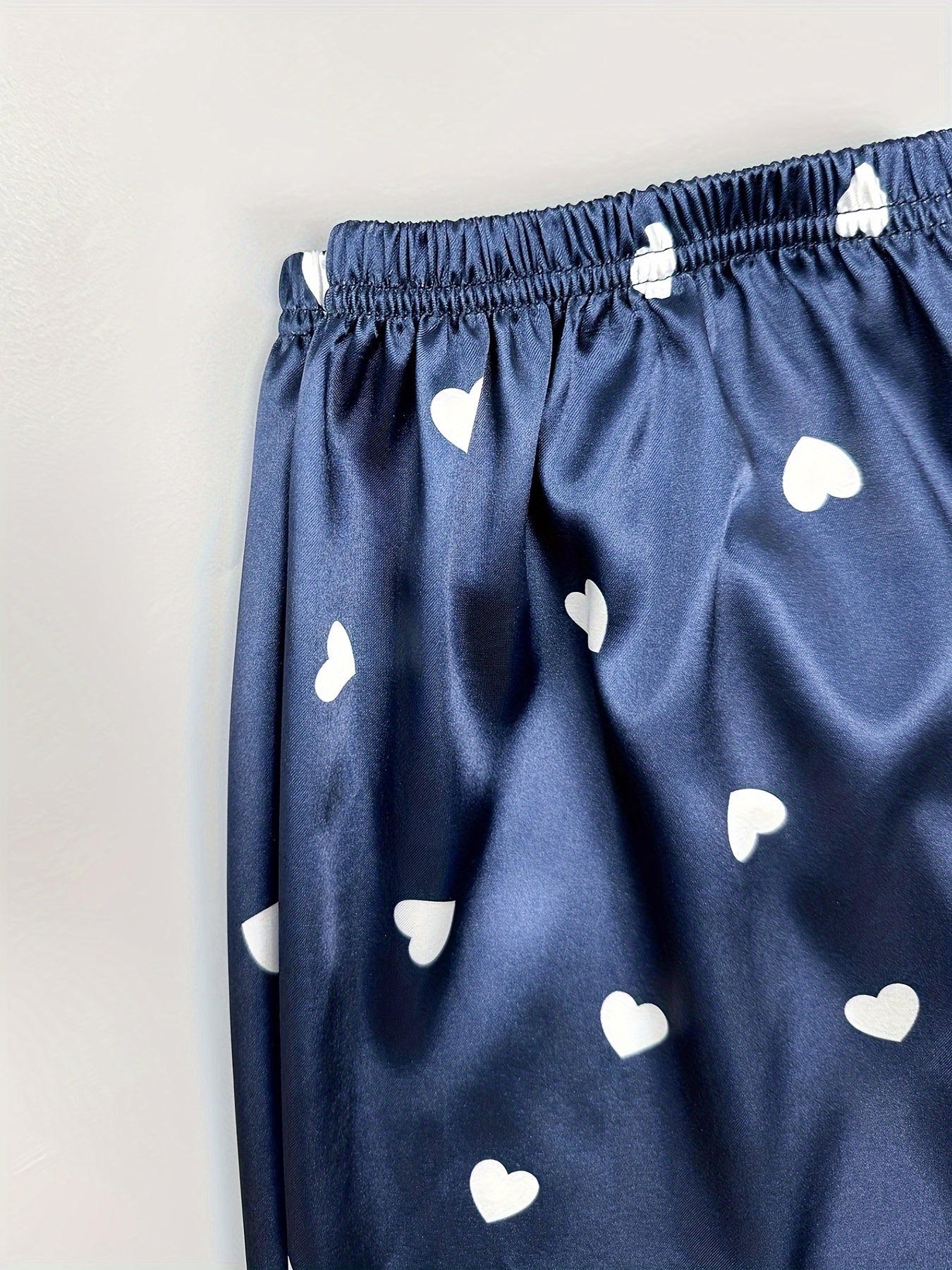 Heart Print Pajama Set Long Sleeve Buttons Top & Elastic Waistband Pants
