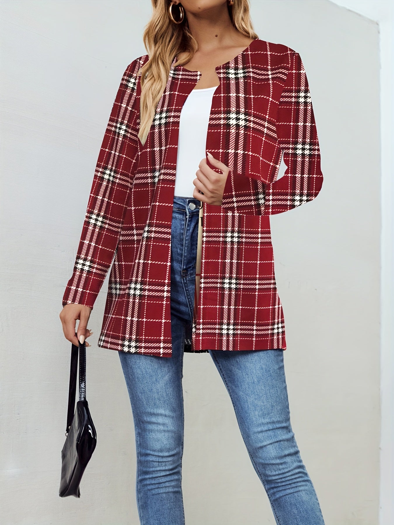 Plaid Print Open Front Jacket Long Sleeve Outerwear