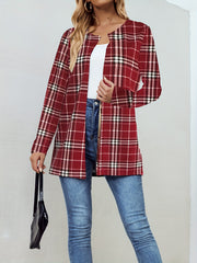 Plaid Print Open Front Jacket Long Sleeve Outerwear